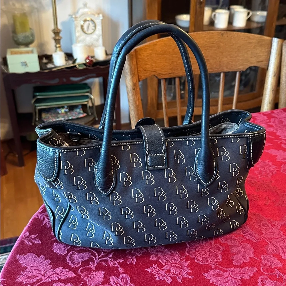 Dooney & Bourke Black & Beige Canvas & Leather Logo Satchel - Picture 2 of 4